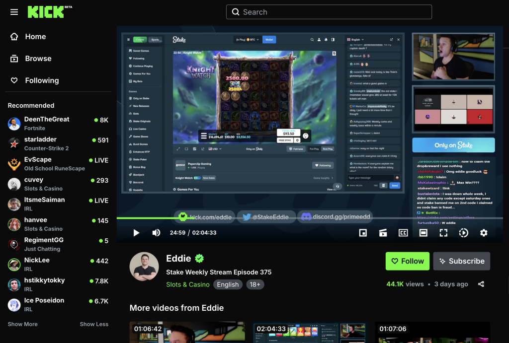 Stake Eddie streaming on Kickr