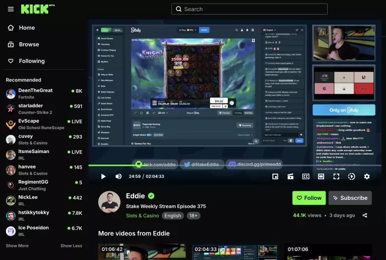 Stake Eddie streaming on Kickr